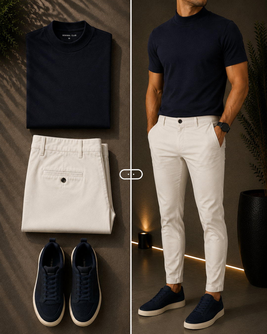 Camiseta Gola Alta Azul + Calça de Alfaiataria Caqui