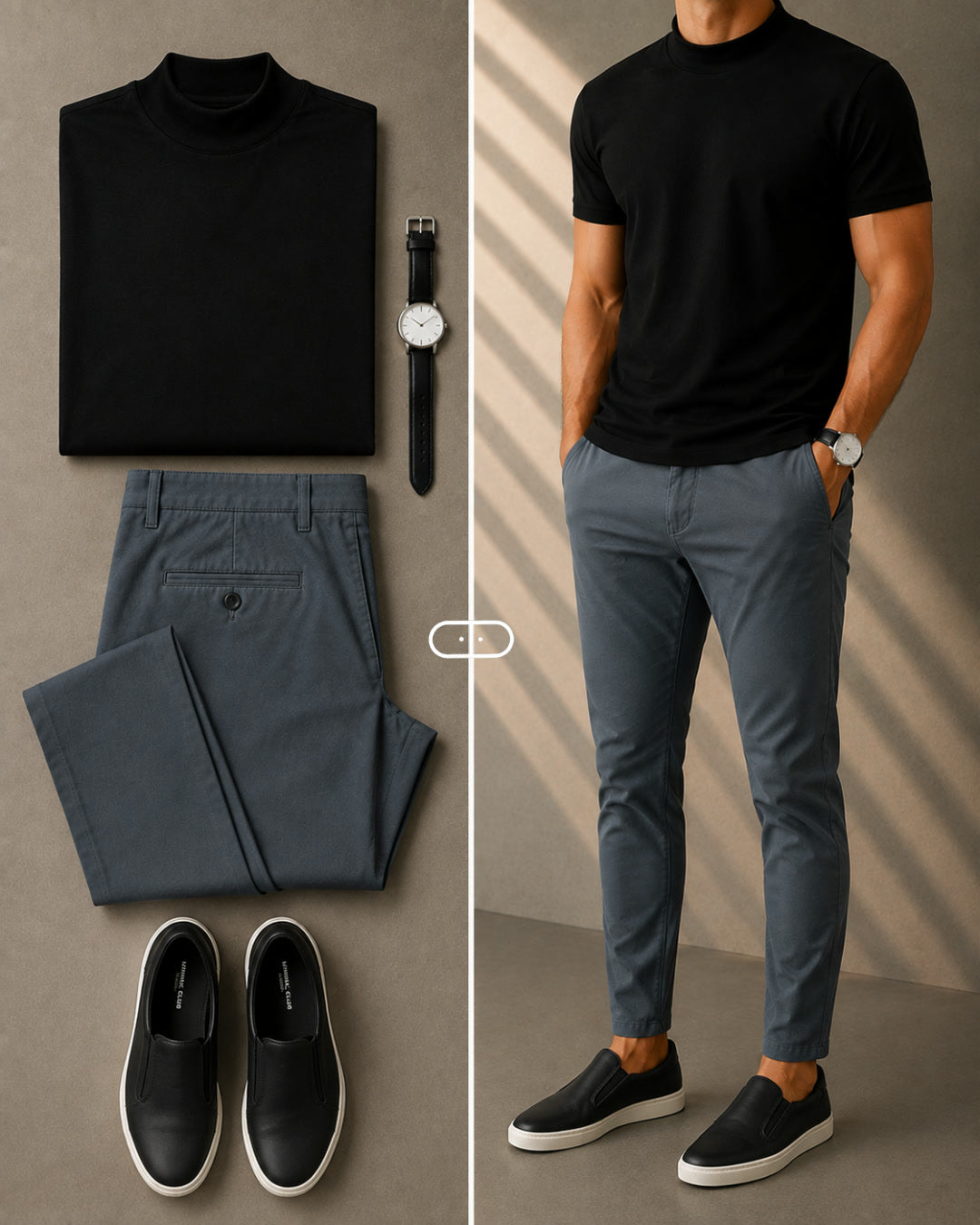 Camiseta Gola Alta Preta + Calça de Alfaiataria Cinza