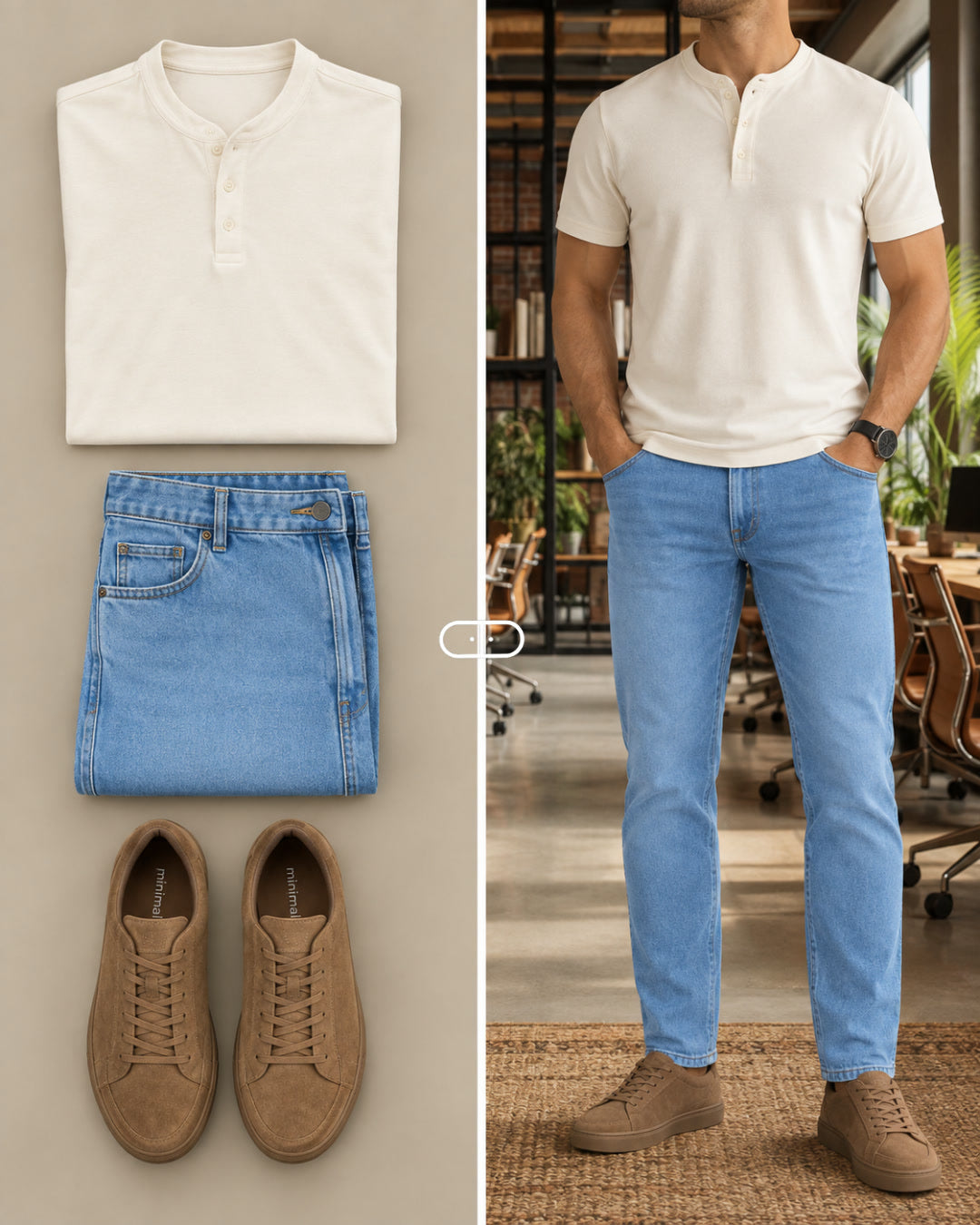 Calça Jeans Comfort Clara + Camisa Henley Bege + Tênis Nobuck Bege