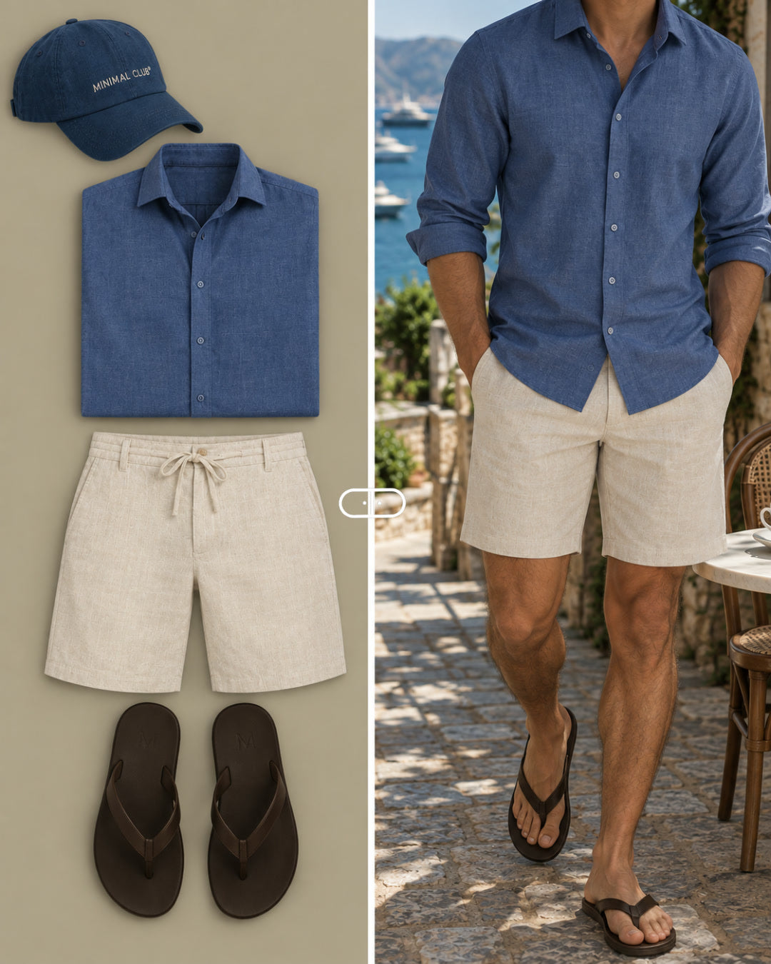Camisa de Linho Azul + Bermuda de Linho Cru + Boné Minimal Azul