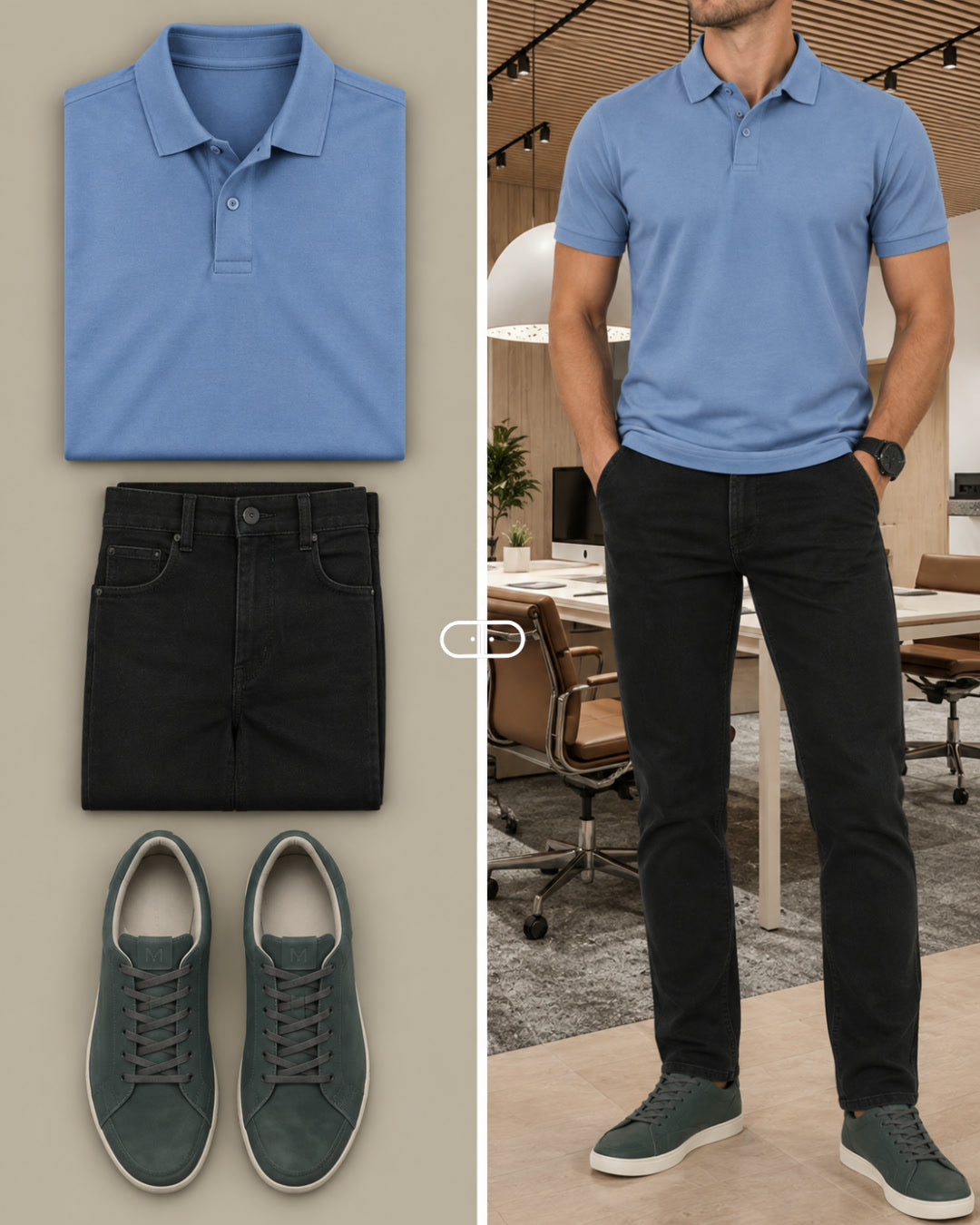 Camisa Polo Pima Azul + Calça Jeans Comfort Preta + Tênis Nobuck Azul