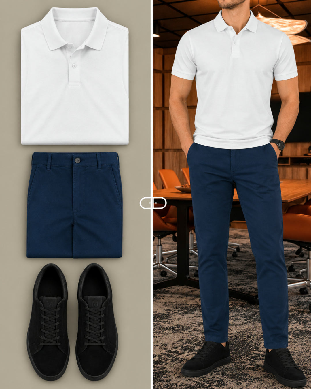 Camisa Polo Pima Branca + Calça de Alfaiataria Azul + Tênis Nobuck Preto