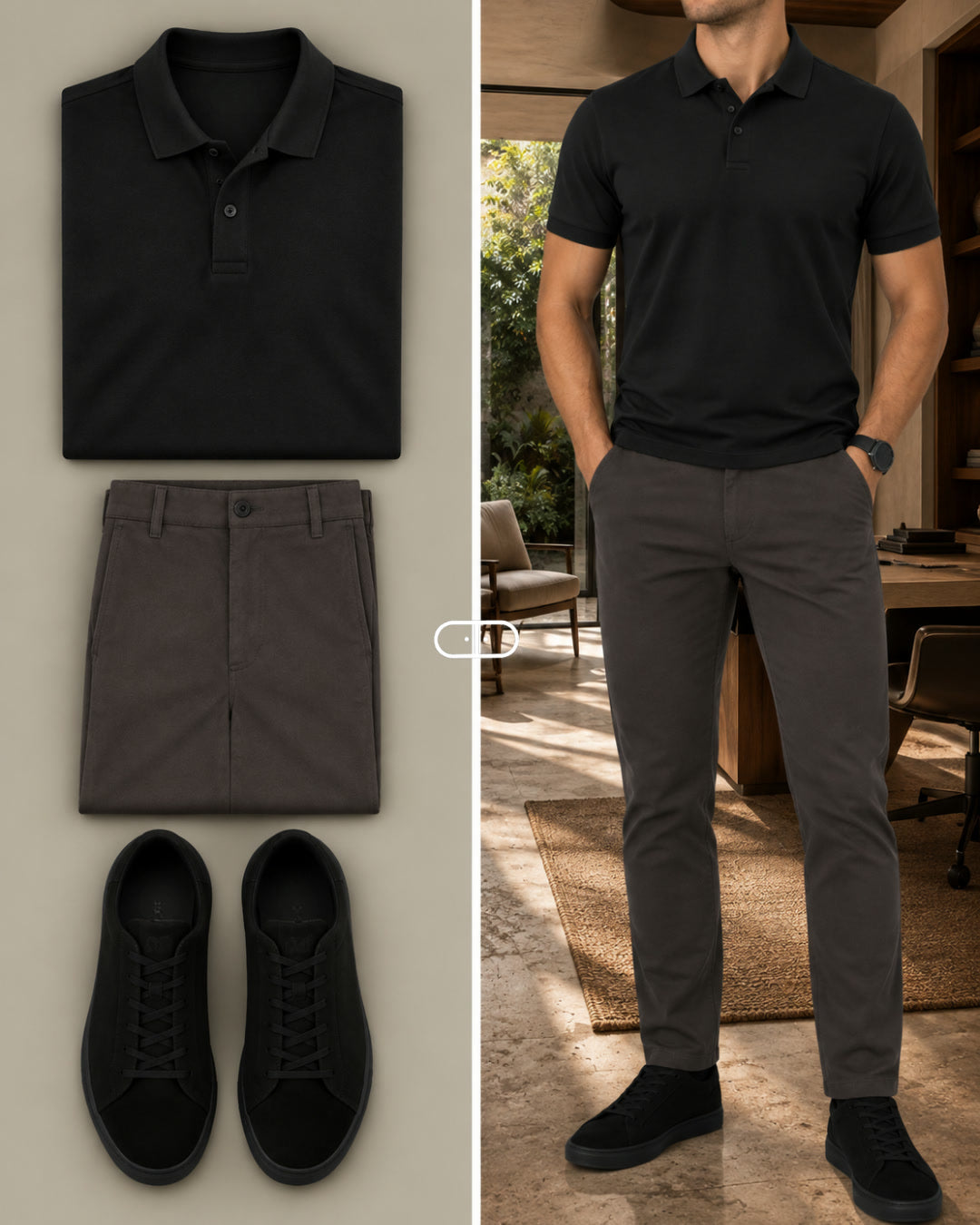 Camisa Polo Pima Preta + Calça Comfort Cinza + Tênis Nobuck Preto